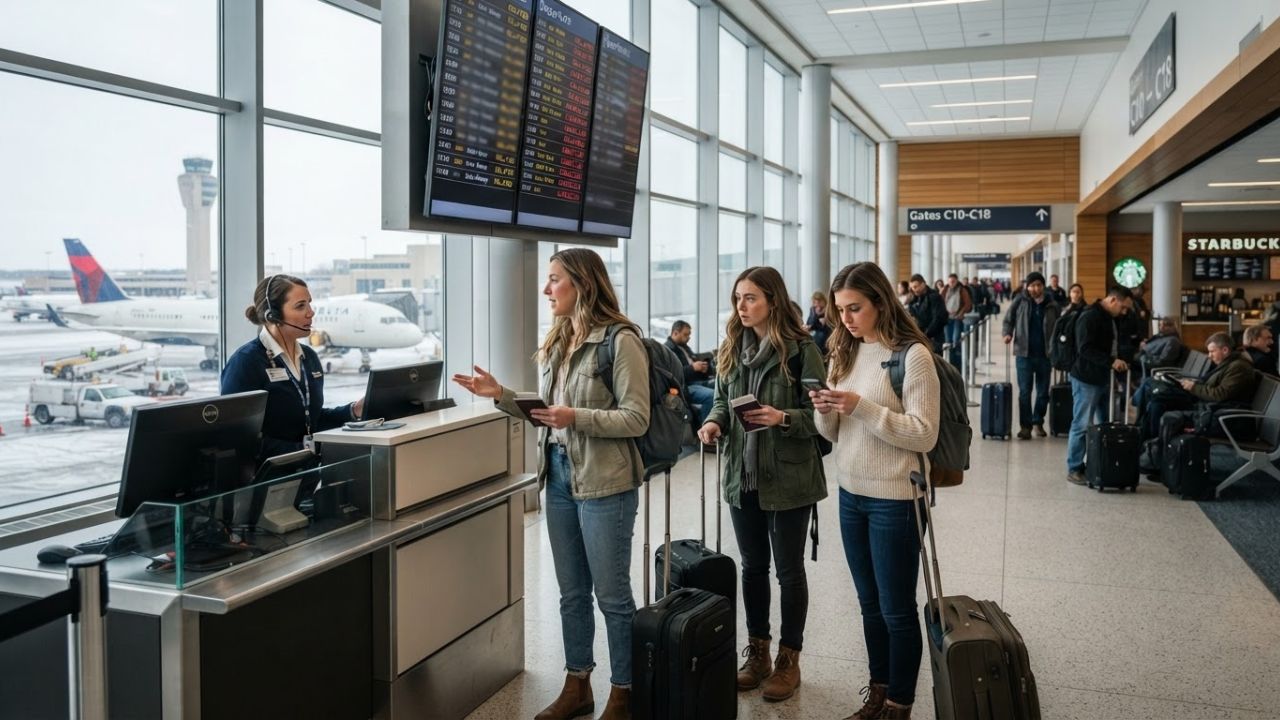 A crowded airport terminal with flight information displays showing delays and cancellations