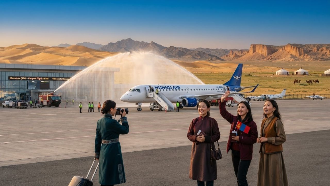A passenger plane parked on an airport runway under clear desert skies with dry steppe hills in the distance