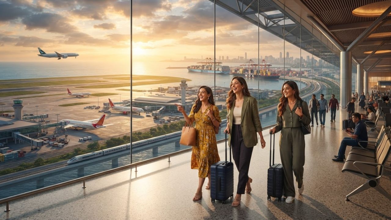An architectural rendering of an offshore airport built on reclaimed land in the Arabian Sea near Mumbai