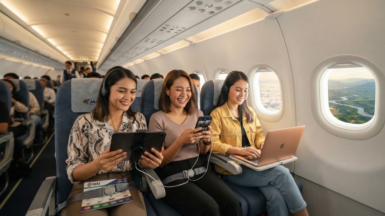 Passenger using personal tablet to stream movies in flight representing BYOD entertainment system