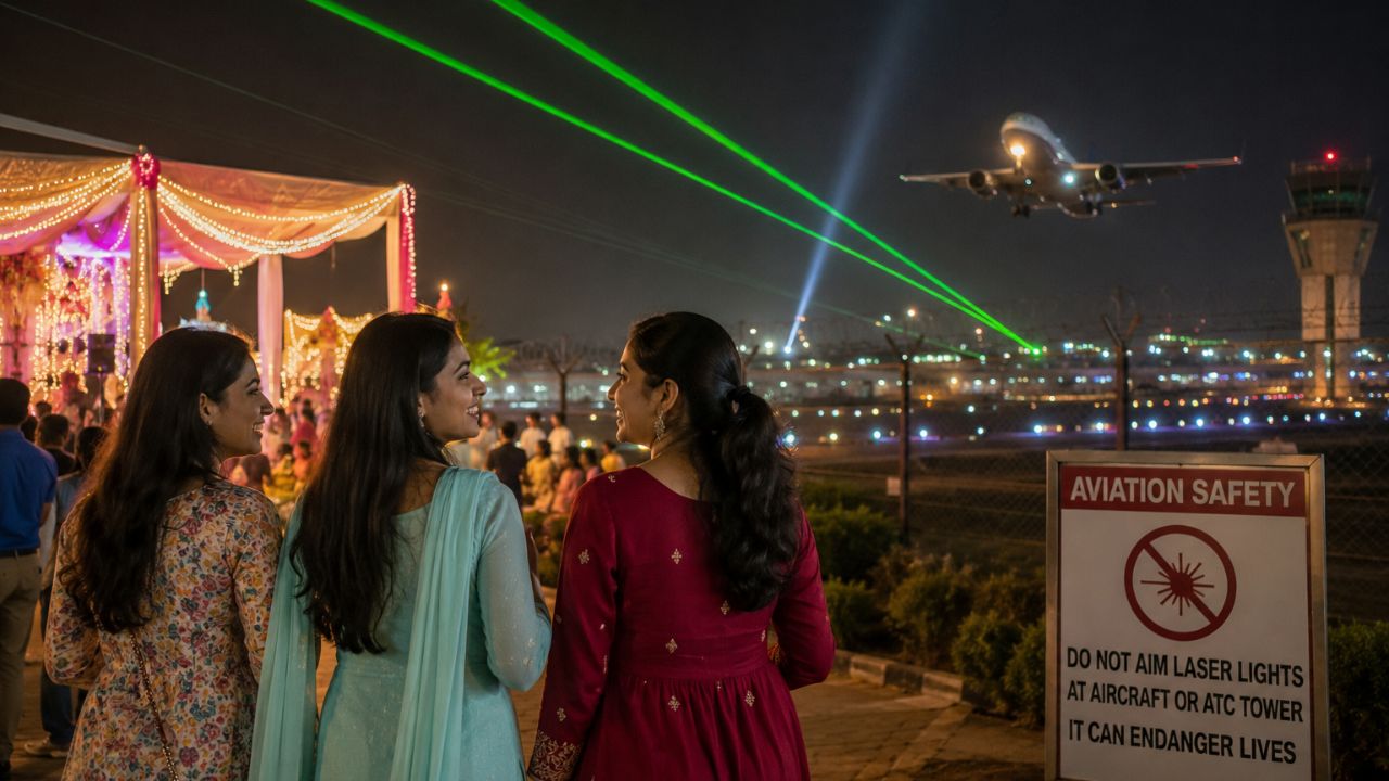A commercial jet passenger aircraft landing at night with green laser beams reflecting near the airport boundary