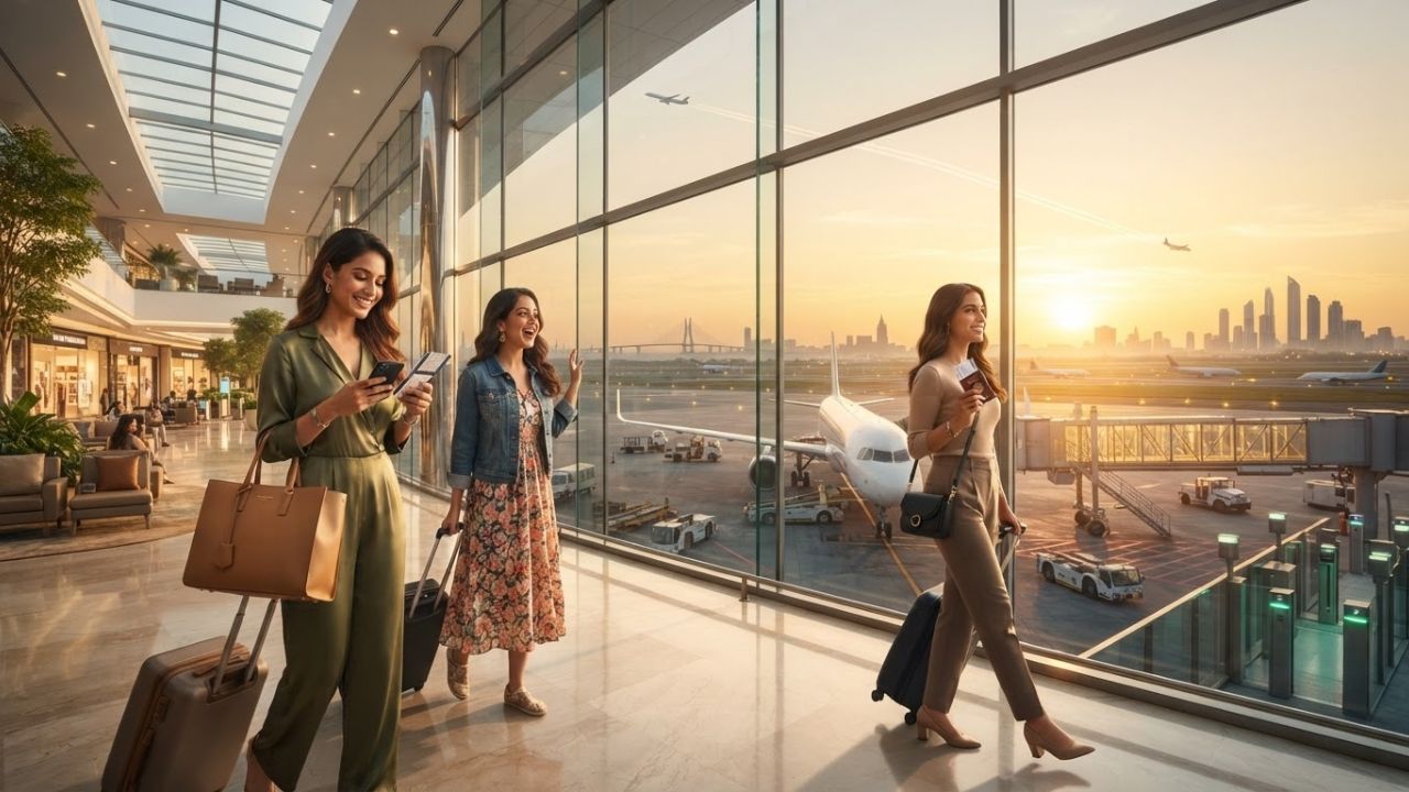 A brand new international terminal building of Navi Mumbai International Airport at sunset