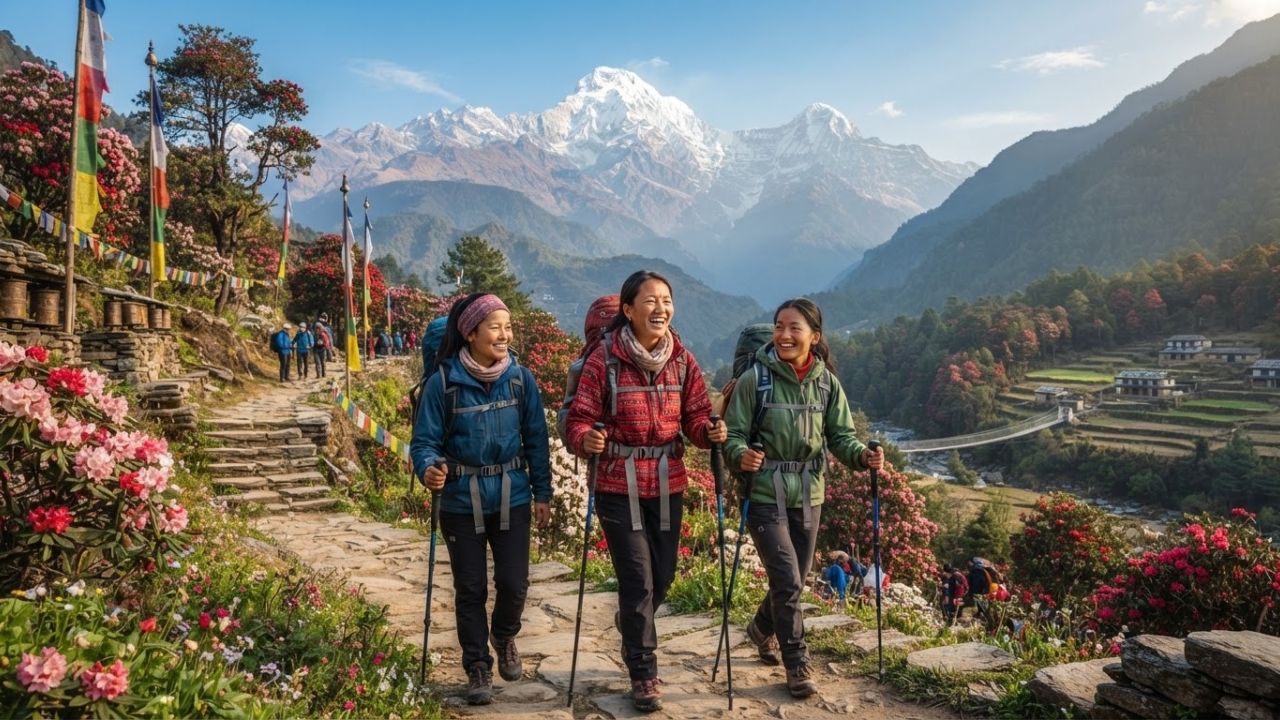 A scenic view of a Himalayan trekking trail in Nepal with snow-capped peaks in the background
