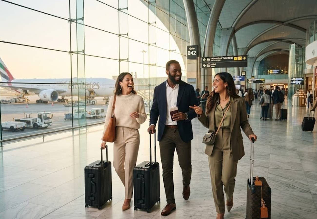 Busy transatlantic flight routes connecting New York, London, and Paris with premium cabin passengers boarding