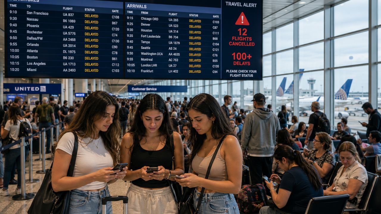 A view of the passenger departures hall at Newark Liberty International Airport with crowds