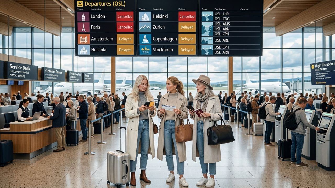 Oslo Gardermoen Airport flight delays cancellations travel chaos