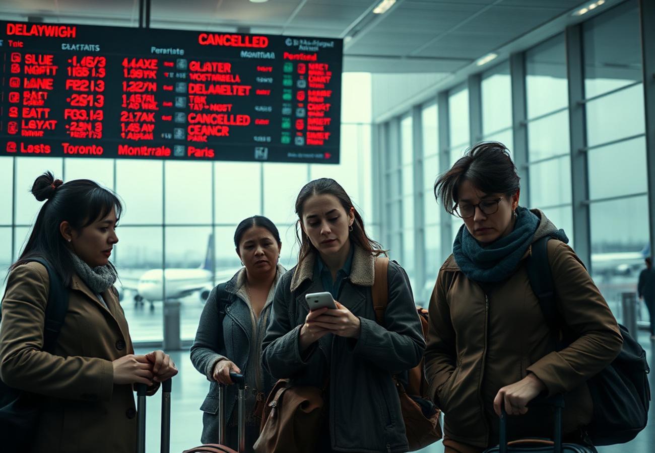 Ottawa Macdonald–Cartier International Airport departure board showing multiple cancellations and delays