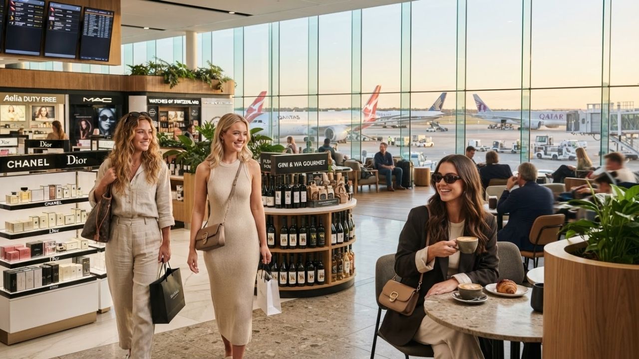 A modern duty-free shopping area inside an international airport terminal