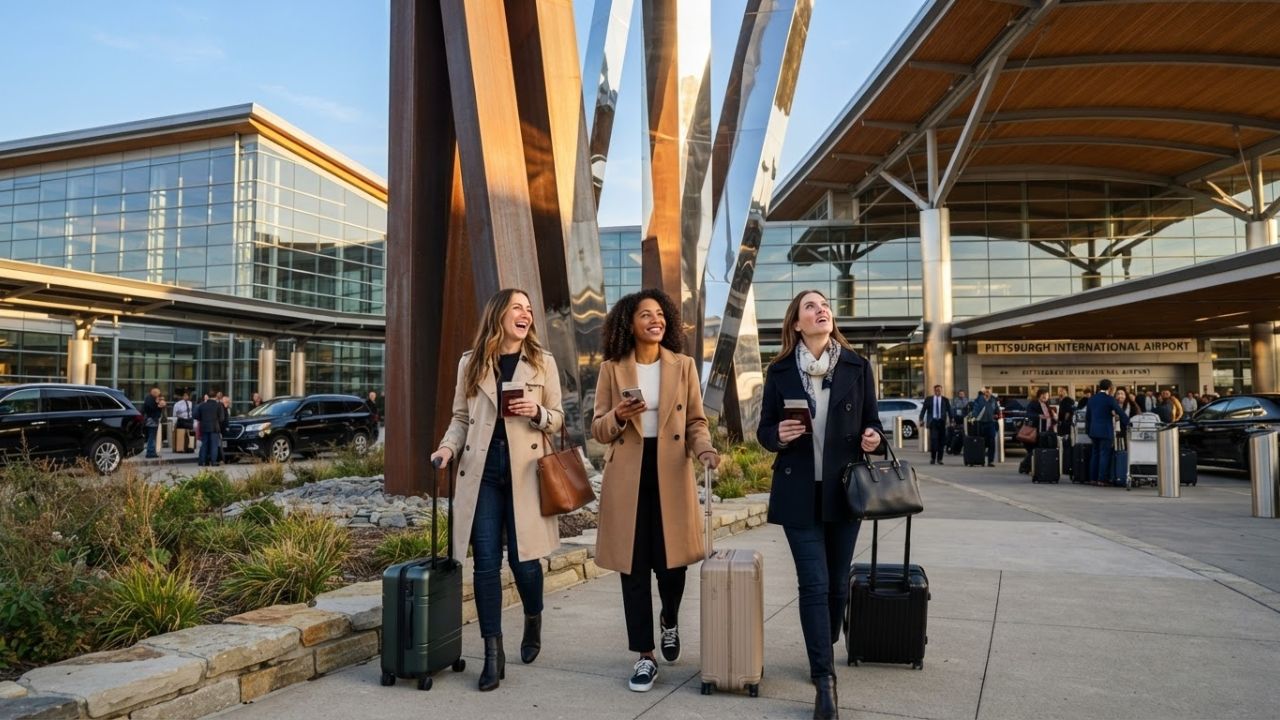 A large public steel sculpture standing in front of a modern airport terminal building