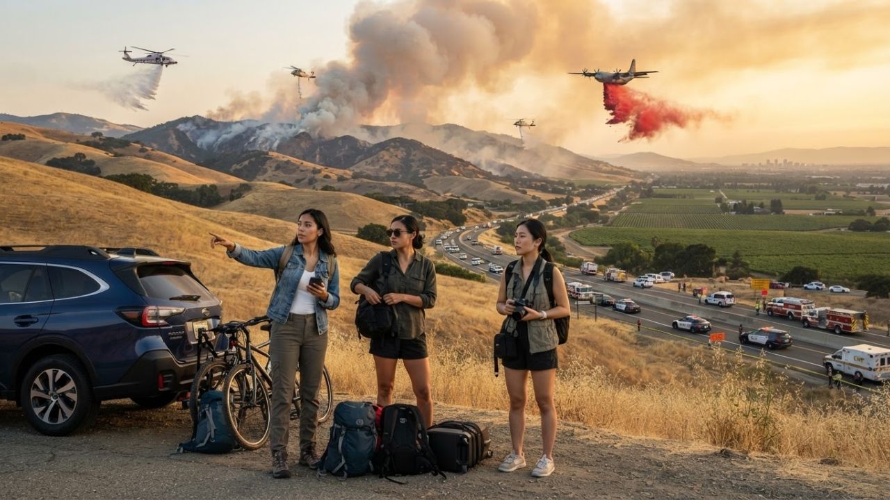 Firefighting air tanker releasing retardant over hills near Pleasanton California
