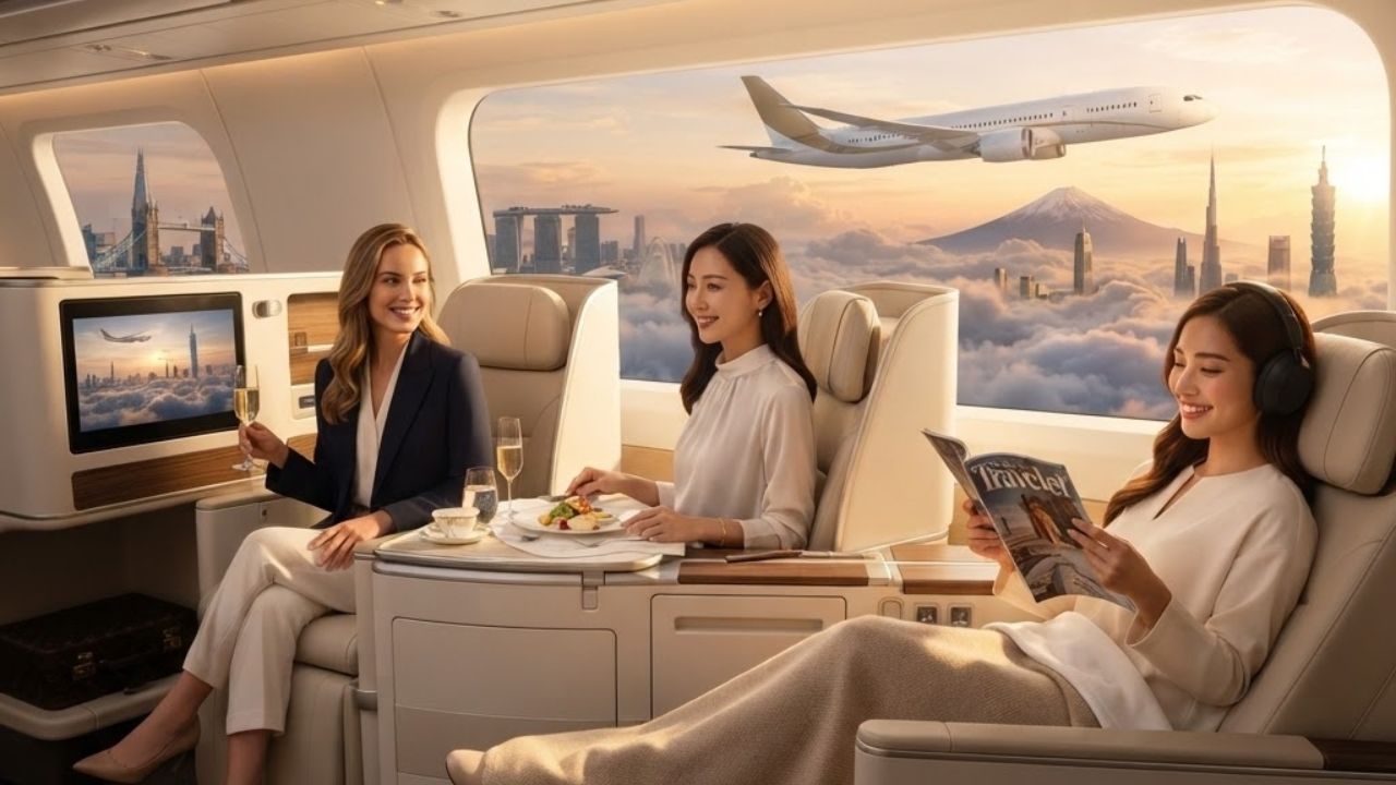 Spacious Premium Economy seat with a multi-course meal served on china tableware