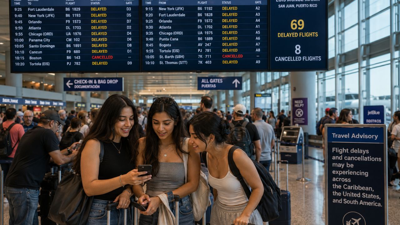 Passengers waiting with luggage inside the terminal at Luis Muñoz Marín International Airport