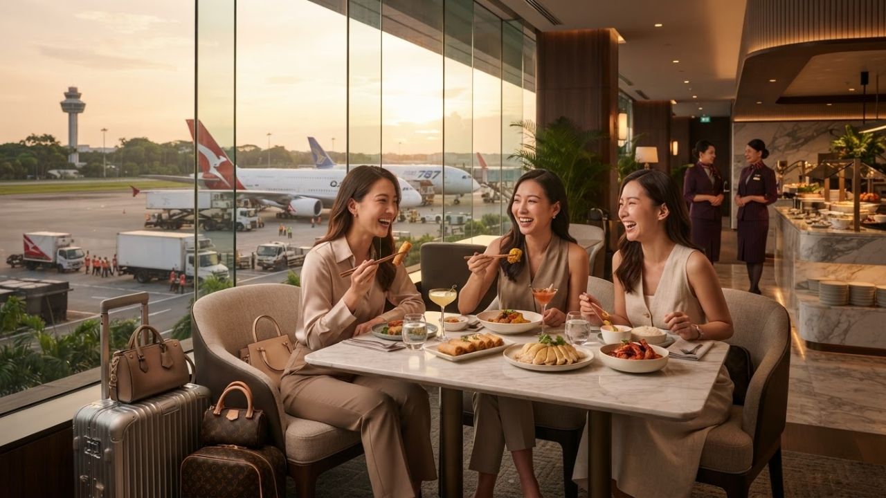 A premium dining setup inside the Qantas First Lounge at Singapore Changi Airport