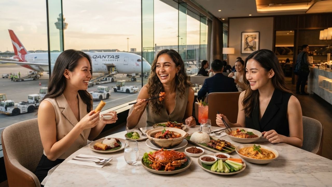 A premium passenger dining area inside the Qantas lounge at Singapore Changi Airport