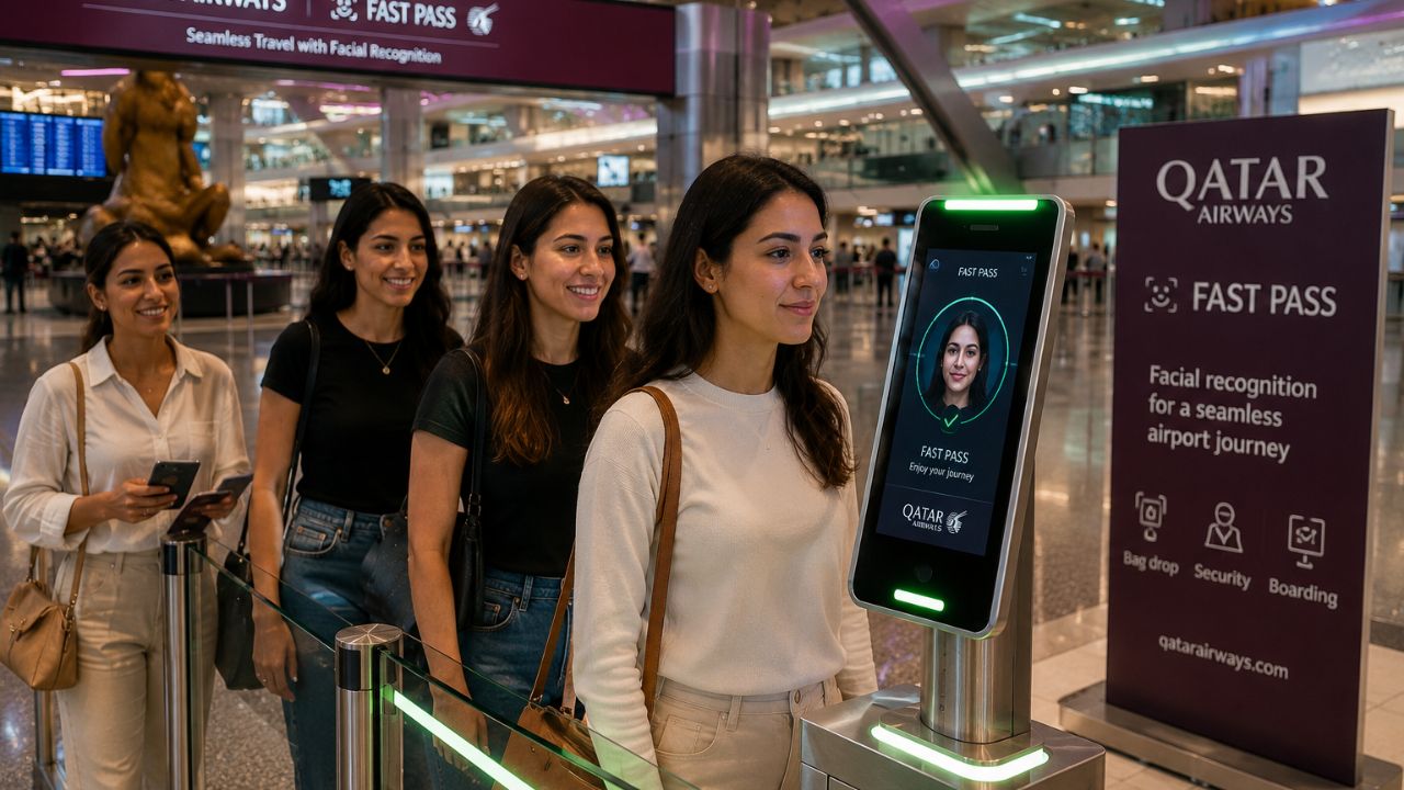 A passenger using a facial recognition biometric kiosk at Hamad International Airport in Doha Qatar