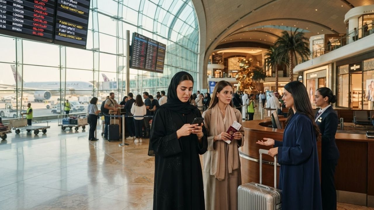 Airliners parked at Hamad International Airport representing flight cancellations in Qatar