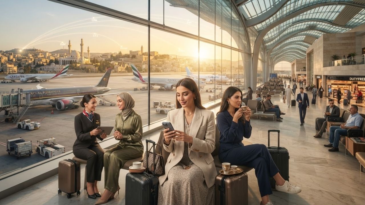 A passenger terminal interior with large arched windows overlooking airplanes at Queen Alia International Airport