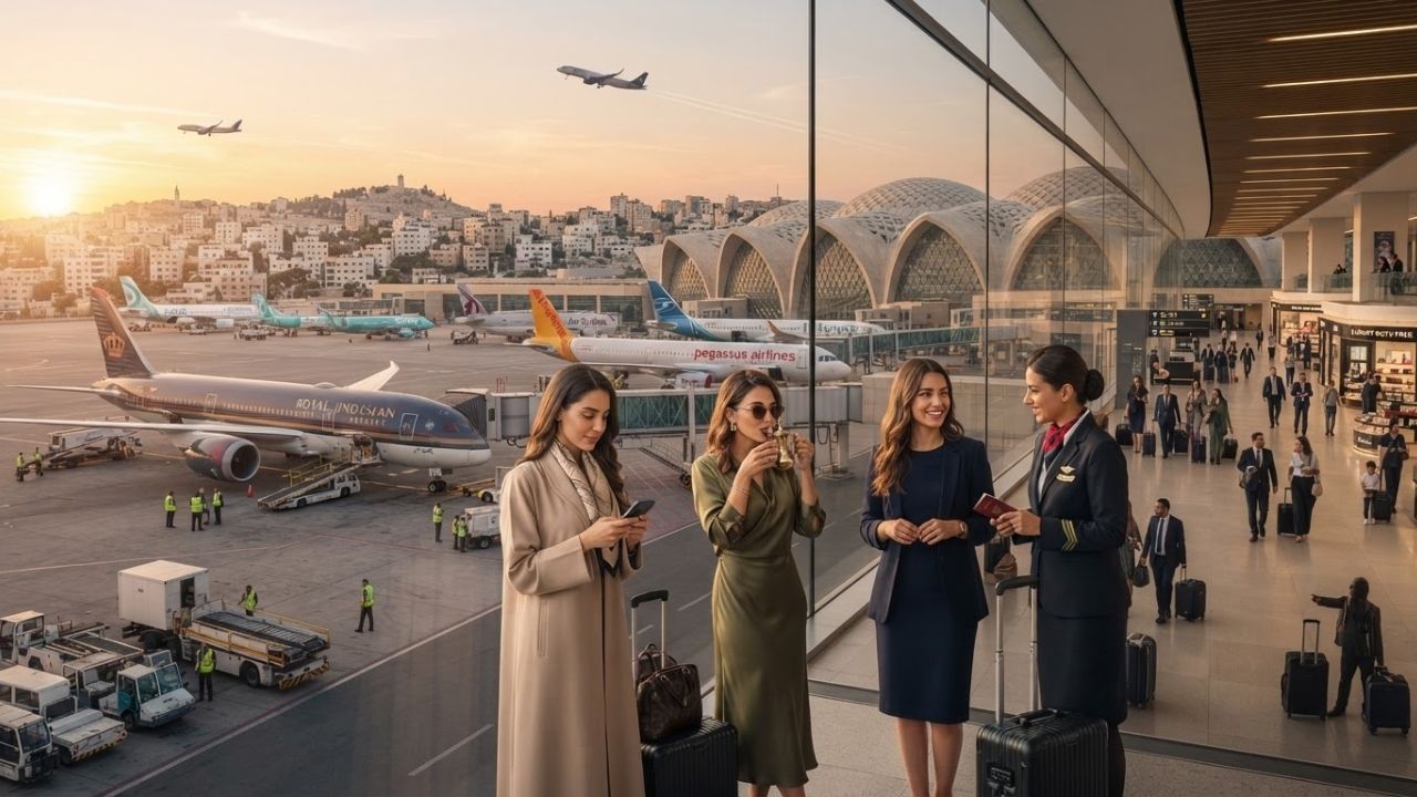 A commercial passenger jetliner parked at the gate of Queen Alia International Airport in Amman, Jordan