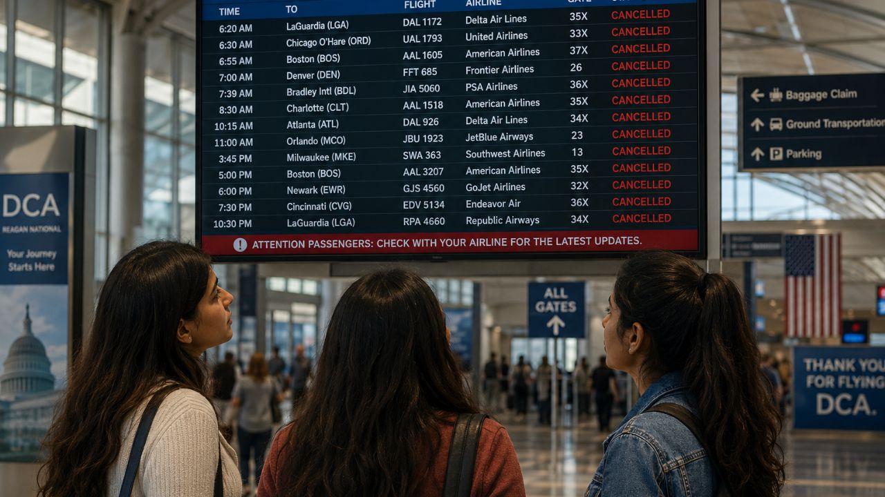 Reagan National Airport Flight Cancellations Ground Forty-Six Scheduled Departures Disrupting Travel to New York, Chicago, and Canada