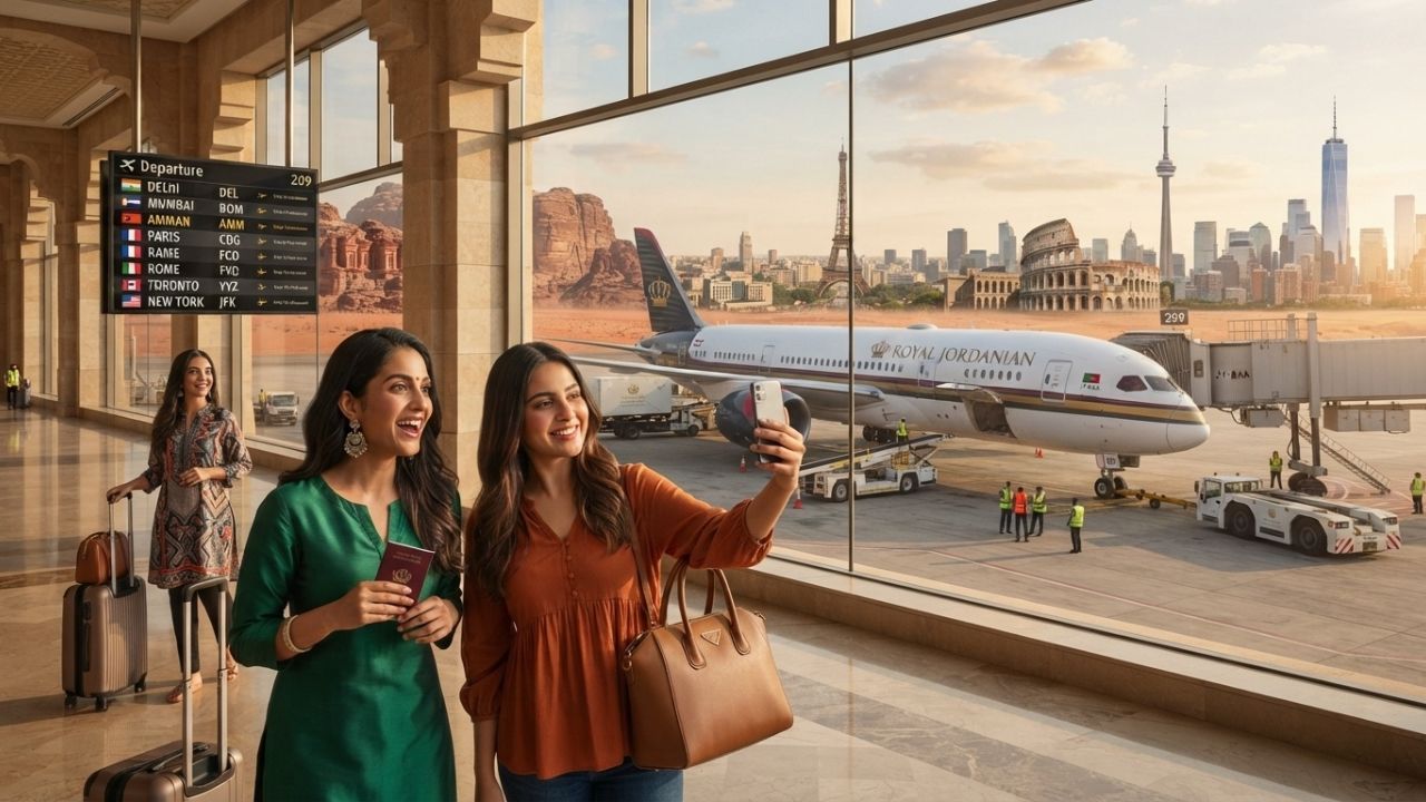 A Royal Jordanian aircraft taxiing at Amman Queen Alia International Airport during sunset