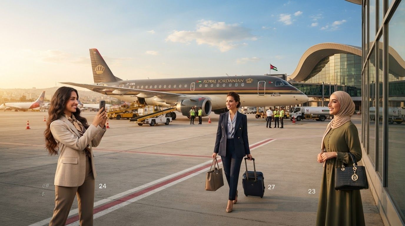 A brand-new regional aircraft painted in a classic retro livery parked on an airport apron in Jordan.