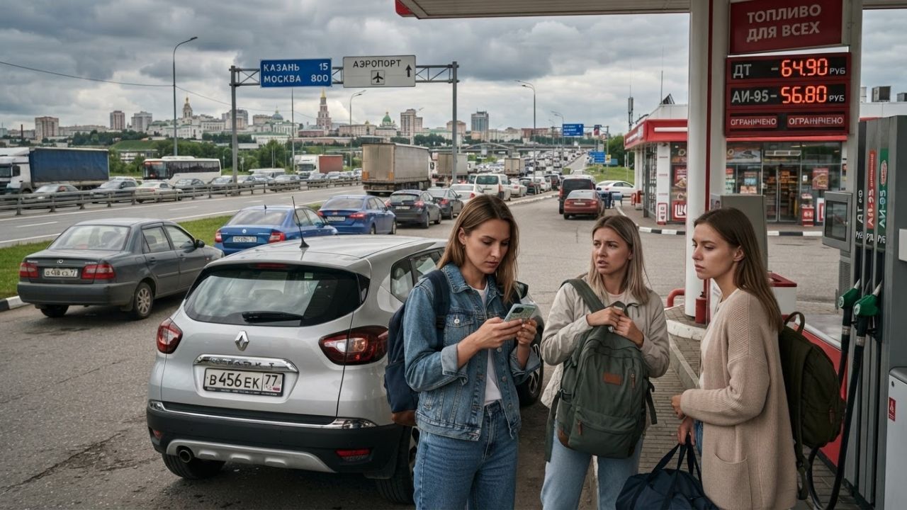 Petrol station with closed signs and long queue of cars waiting for fuel in Russia