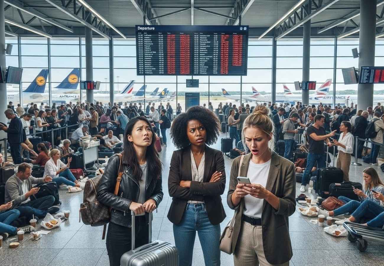 Crowded airport terminal with passengers waiting at border control
