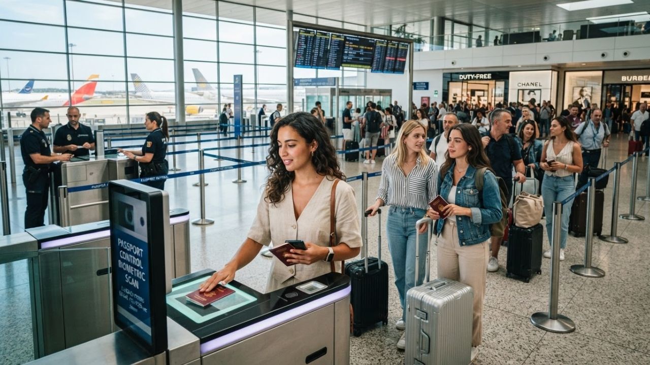 Massive queues of frustrated passengers waiting at a European airport border control terminal