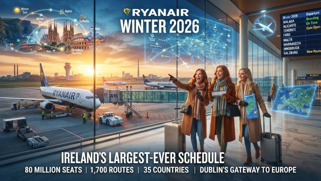 A Ryanair passenger jet preparing for departure on the tarmac during winter operations