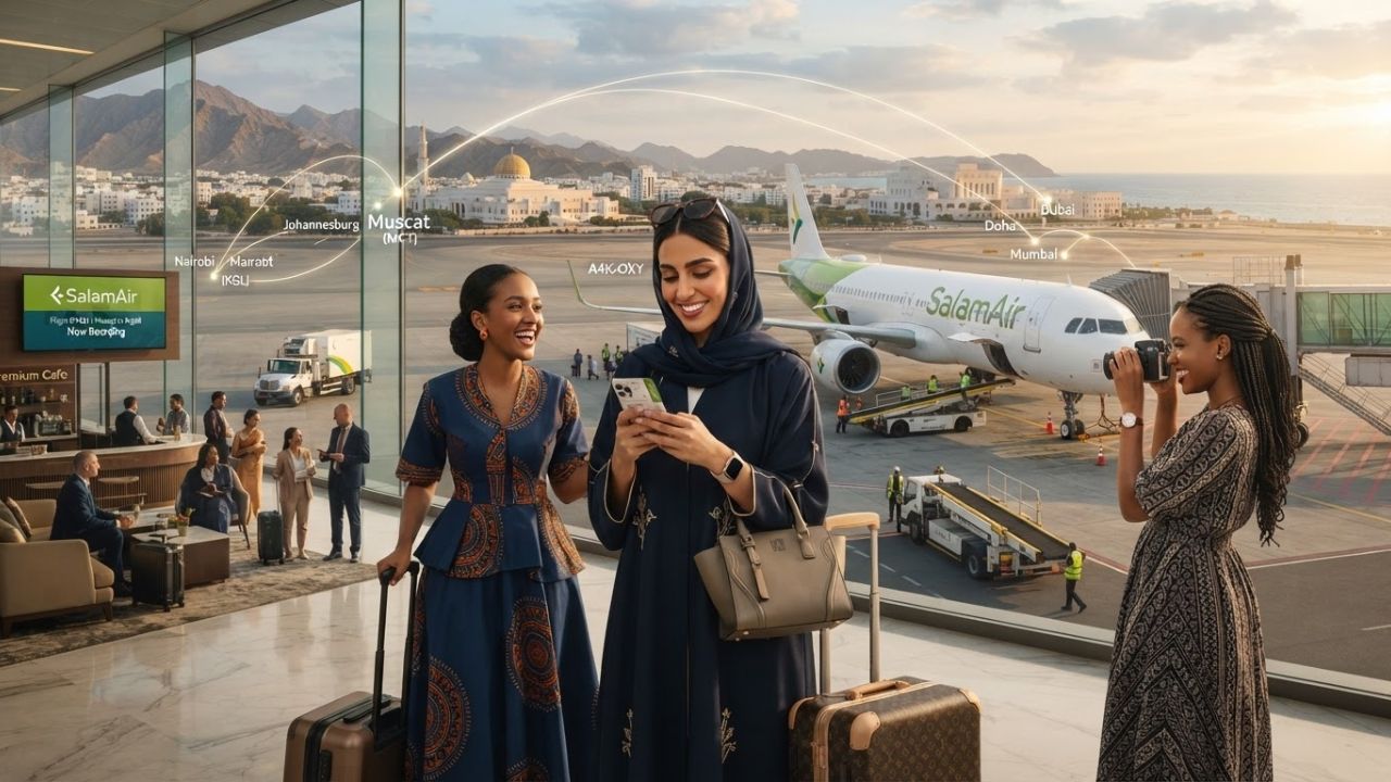 A SalamAir narrowbody passenger aircraft landing at Kigali International Airport in Rwanda