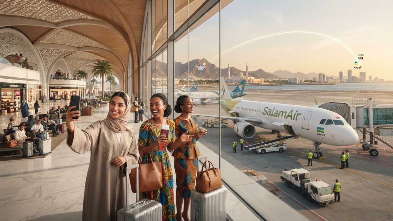 A passenger airplane parked at the boarding gate under clear skies at Muscat International Airport