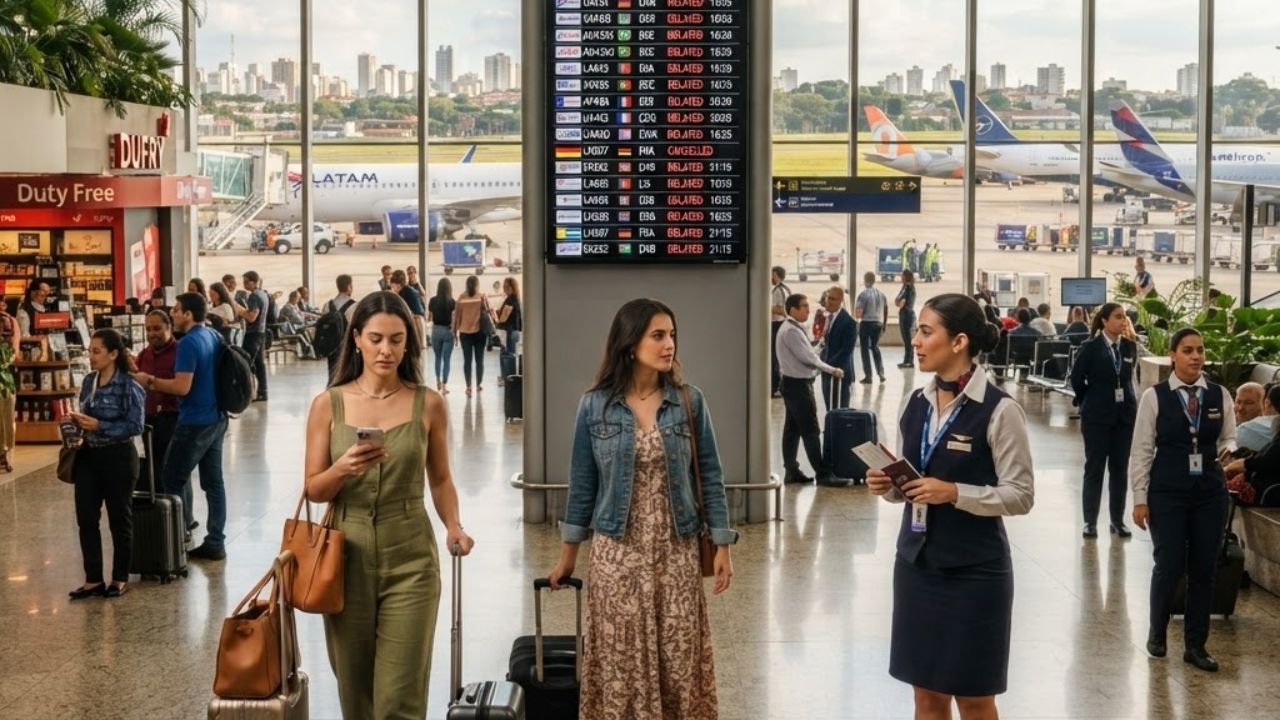 A terminal hall with boarding gates and airplanes at São Paulo Guarulhos Airport