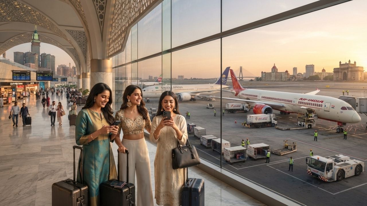 Air India and Saudia aircraft parked at adjacent airport terminal gates, representing Middle East-South Asia connectivity