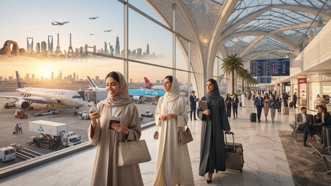A passenger jet parked at the terminal of King Abdulaziz International Airport in Jeddah