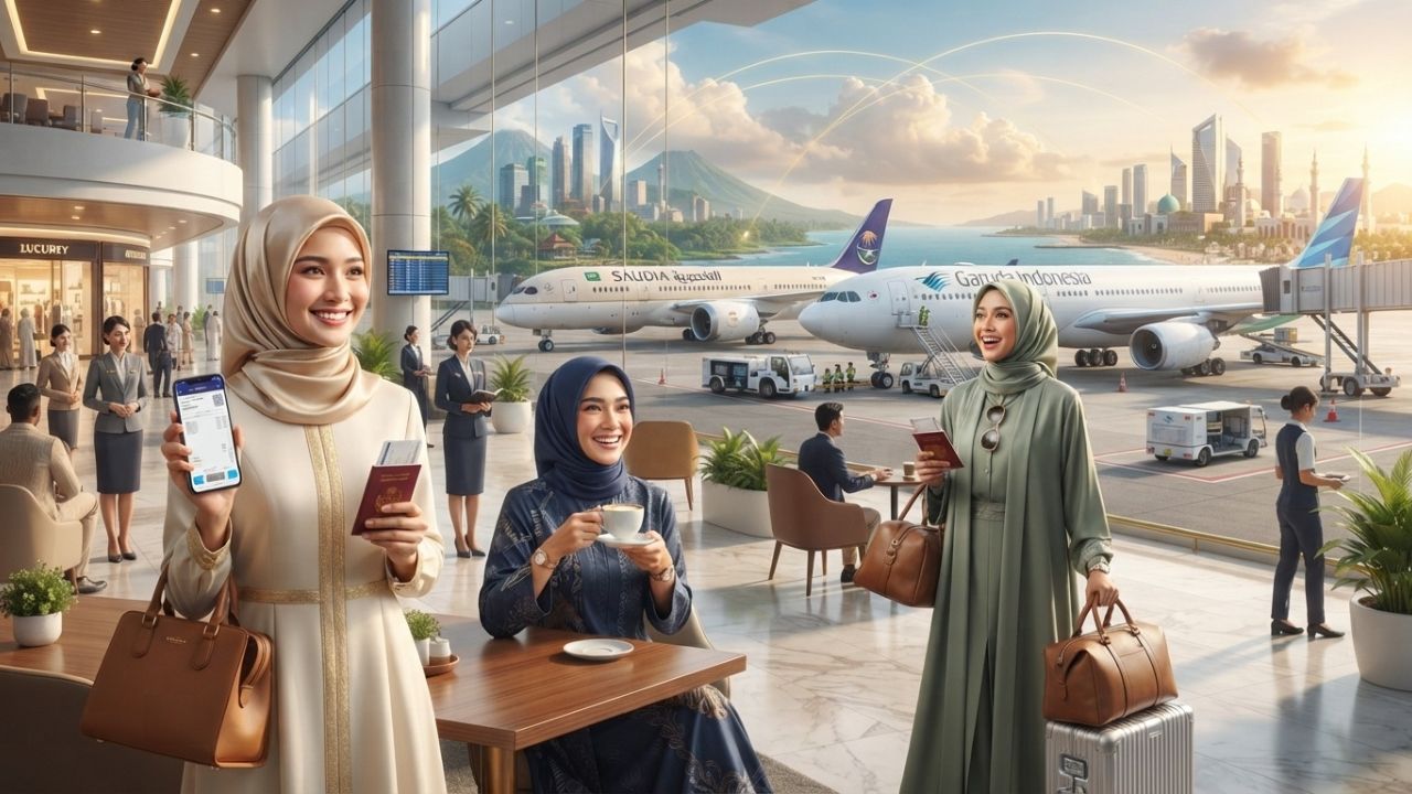 Saudia and Garuda Indonesia commercial passenger aircraft parked next to each other at terminal gates