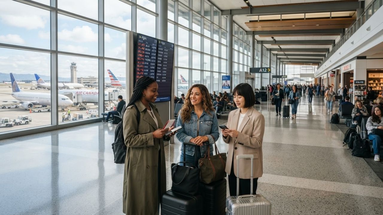 A scenic view of airplanes at their gates inside San Francisco International Airport terminals