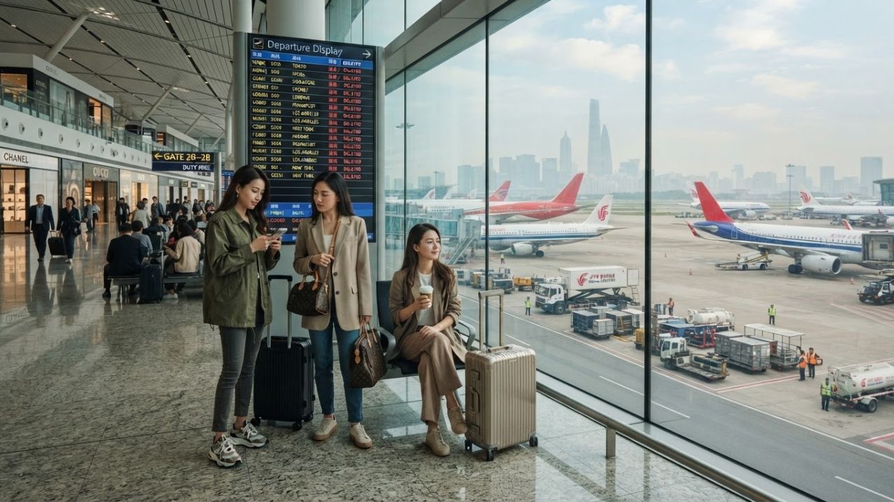 Passenger terminal flight information screens showing delayed and cancelled status updates at Shanghai Pudong Airport