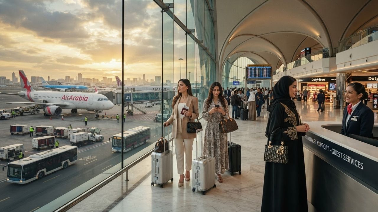 A busy check-in counter at Sharjah International Airport with passengers queuing during flight delays