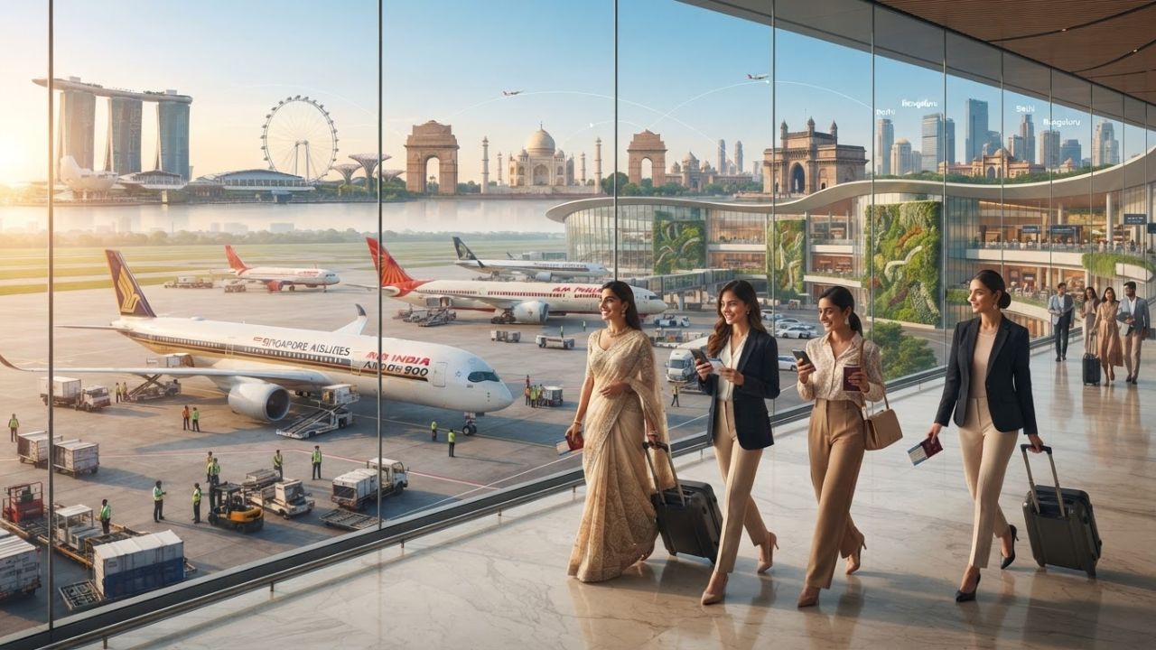 A passenger airplane with the logos of Air India and Singapore Airlines parked at a modern airport terminal gate