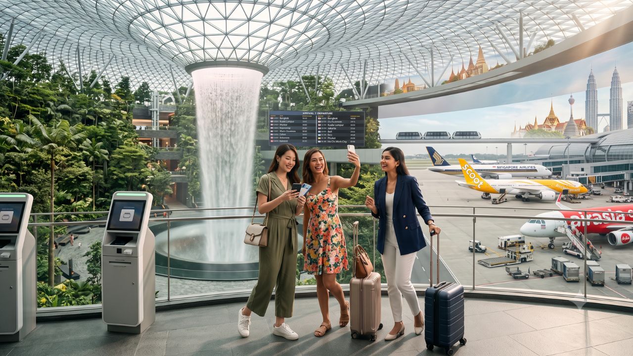 The modern interior architecture of Singapore Changi Airport terminal with indoor gardens
