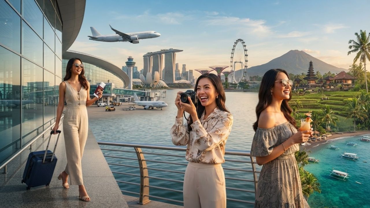 A TransNusa passenger airliner flying over the coast of Singapore Marina Bay