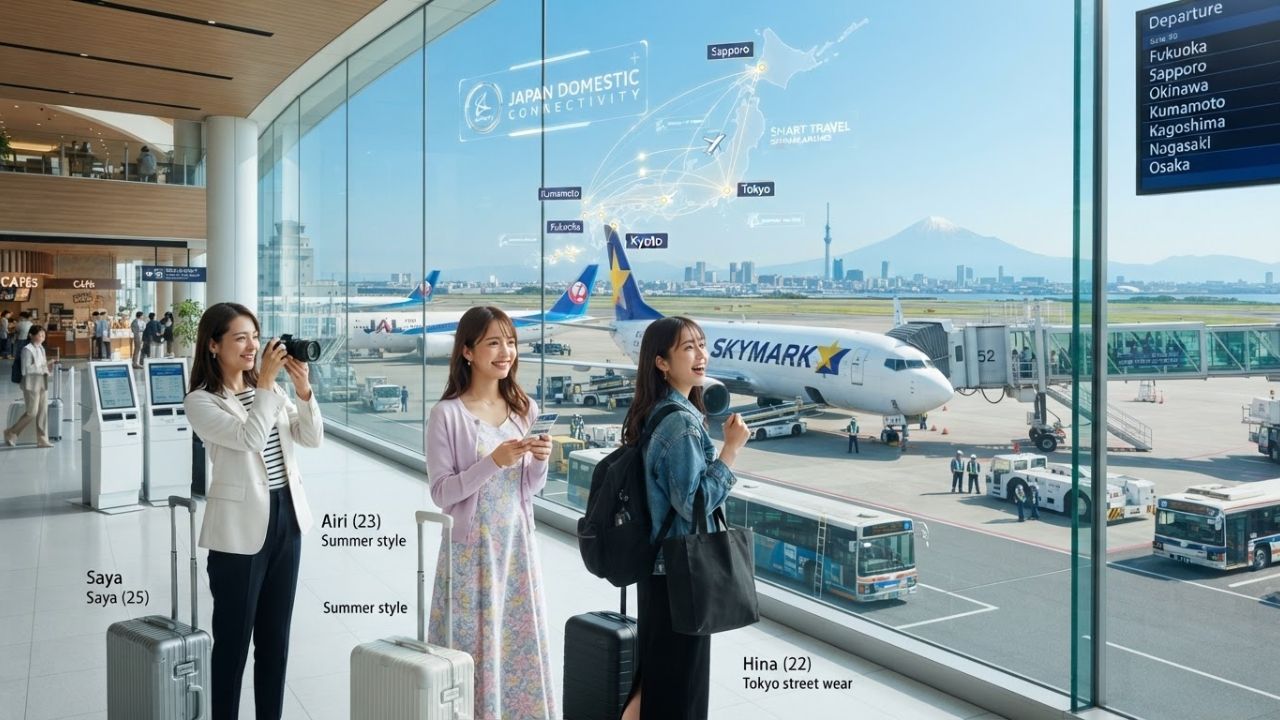 A Skymark Airlines passenger aircraft sitting at a Tokyo airport gate during boarding operations
