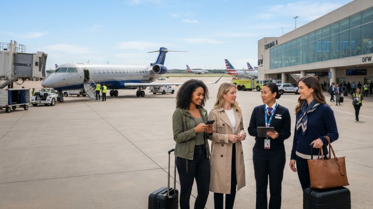 A SkyWest Airlines CRJ-700 regional jet in American Eagle livery on the tarmac at Dallas-Fort Worth International Airport