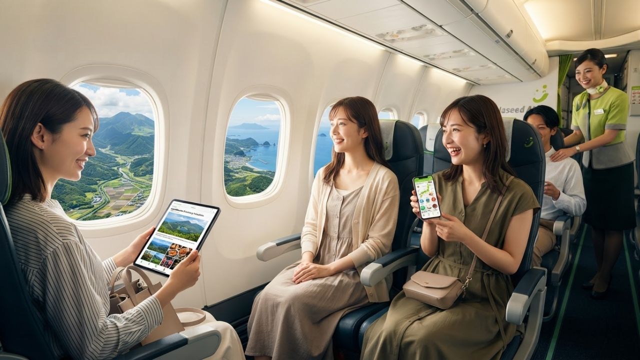 A regional passenger aircraft flying over coastal mountains in southern Japan