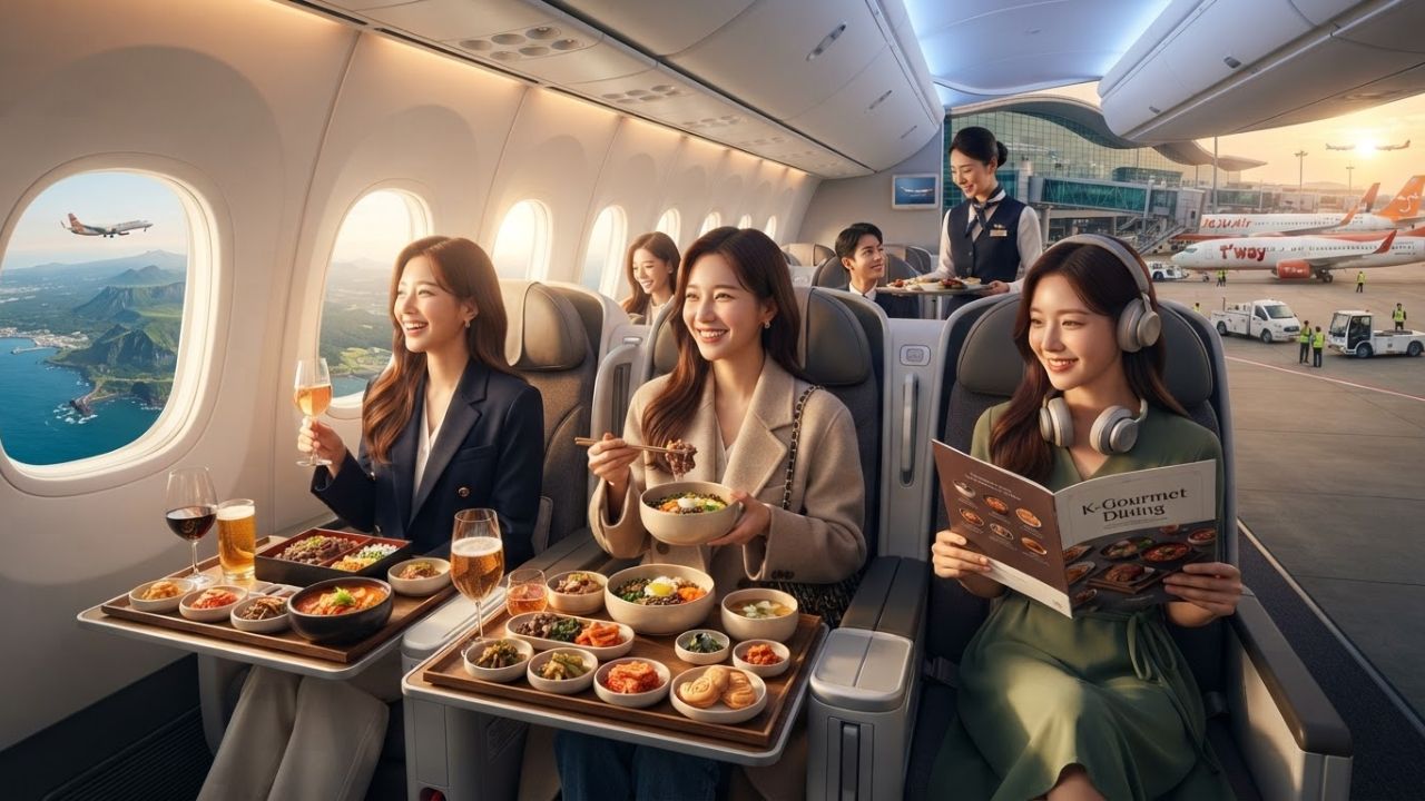 A traditional Korean meal container served on an airplane tray table next to a can of craft beer
