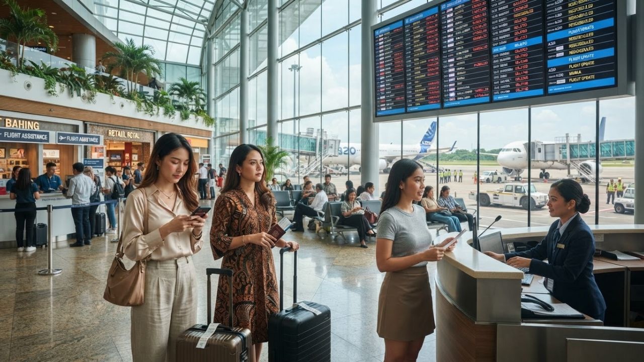 Crowds of passengers waiting inside a modern Southeast Asian airport terminal representing flight delays