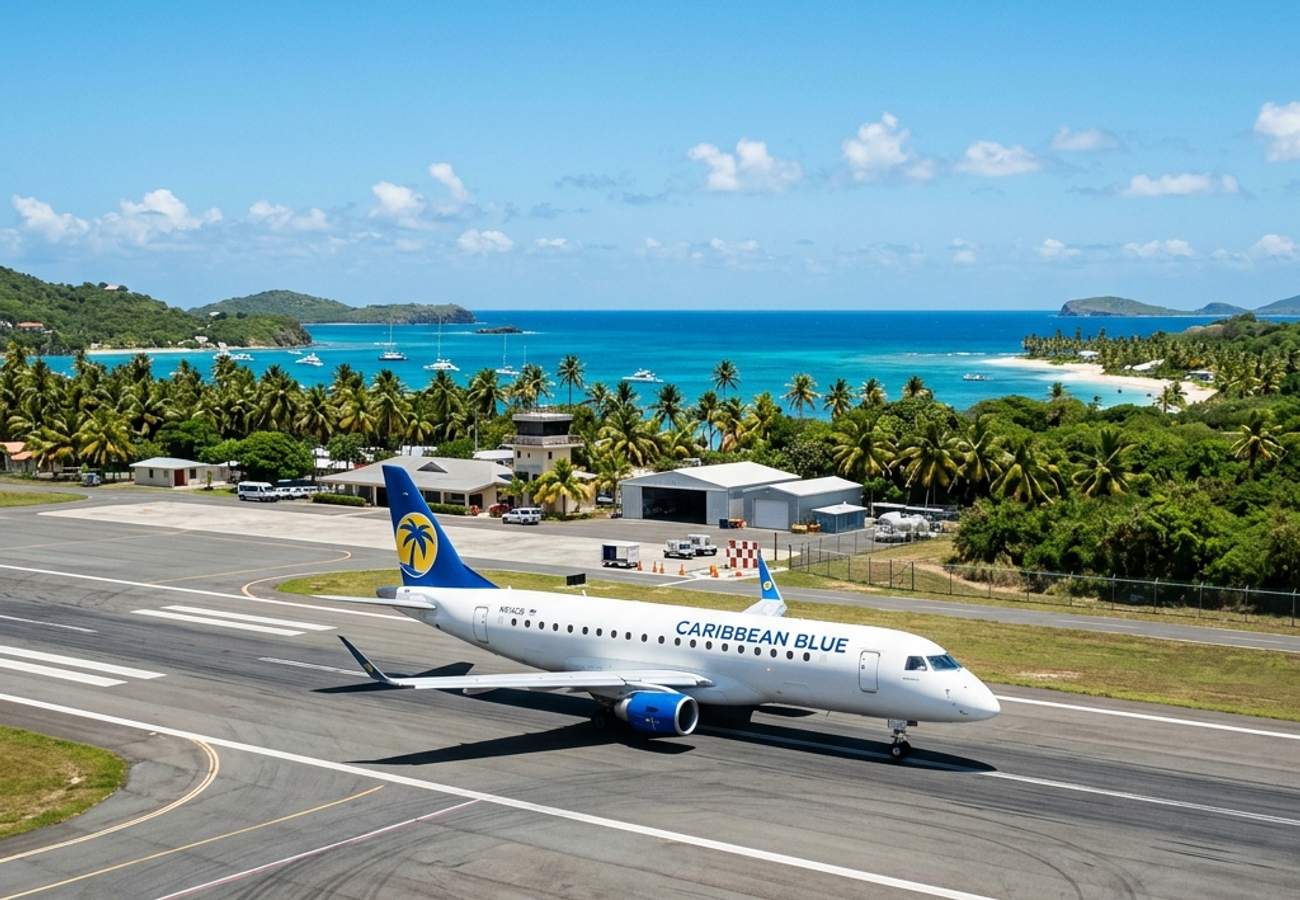 Southwest Airlines aircraft taxiing at a tropical Caribbean airport near palm trees and ocean