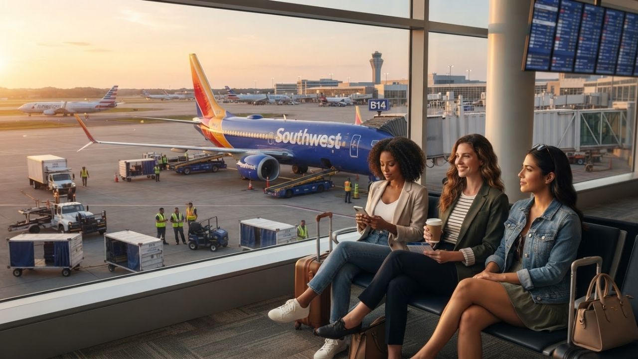 A Southwest Airlines Boeing 737 MAX 8 passenger airplane landing on the runway during a clear day