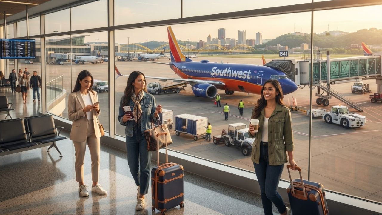 A Southwest Airlines Boeing 737 commercial passenger jet parked at Pittsburgh International Airport gate