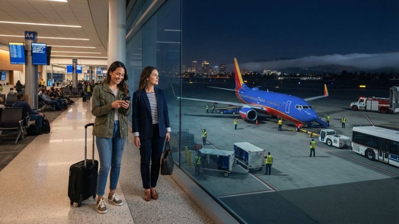 A Southwest Airlines Boeing 737 taxiing on an inland runway under clear evening skies